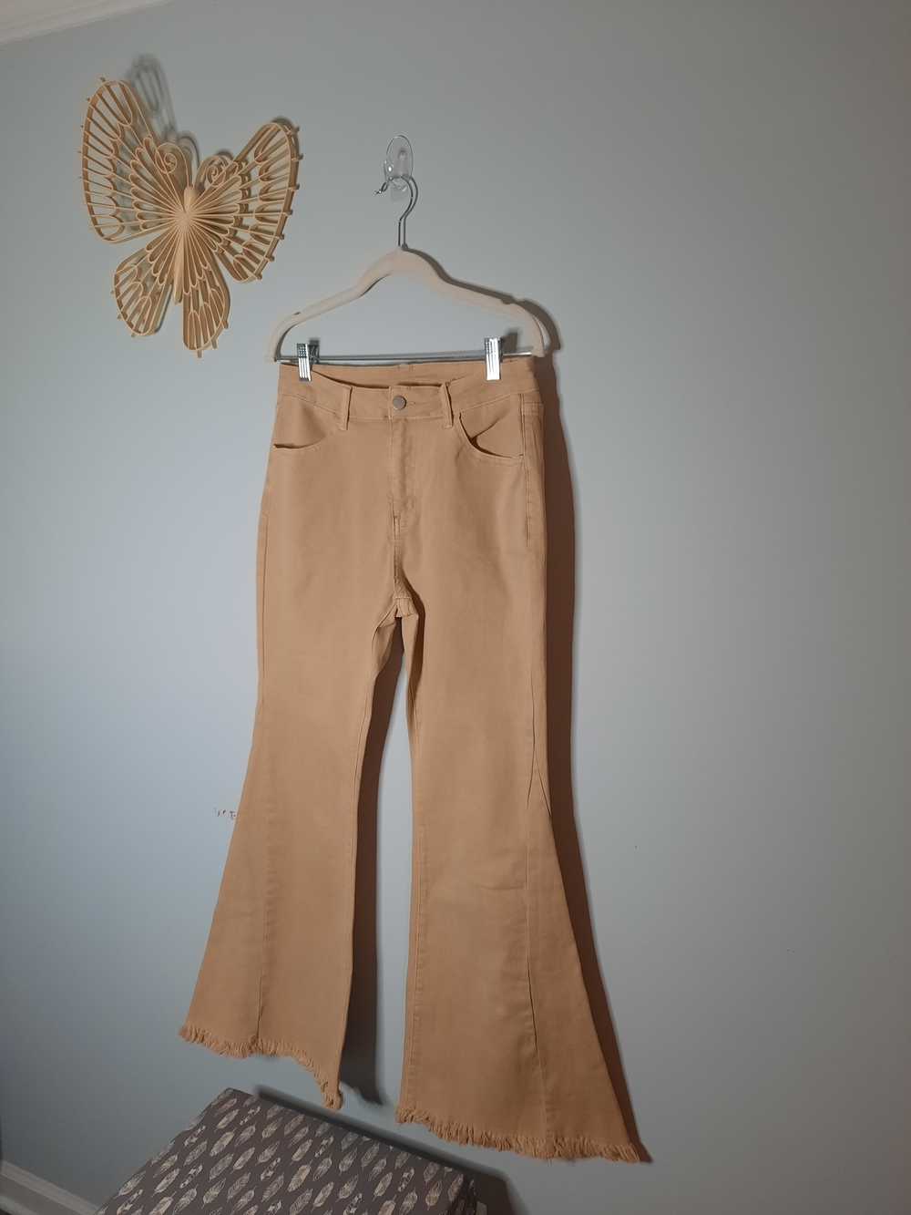 Tan Khaki High Waisted Flare Jeans Asymmetrical Frayed Hem Wide Leg Bell Bottom